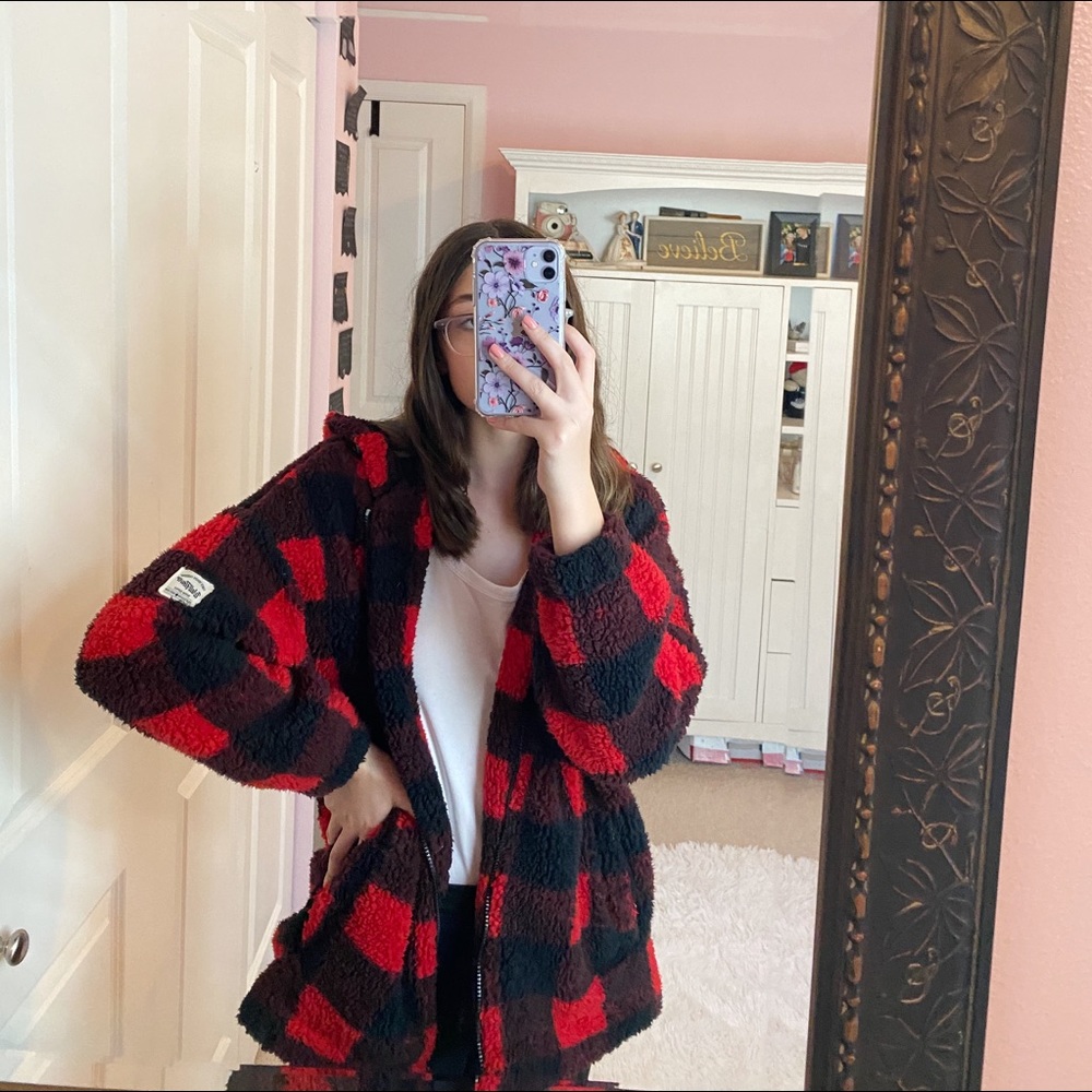 Wallflower Red and Black Plaid Zip Up Teddy Jacket